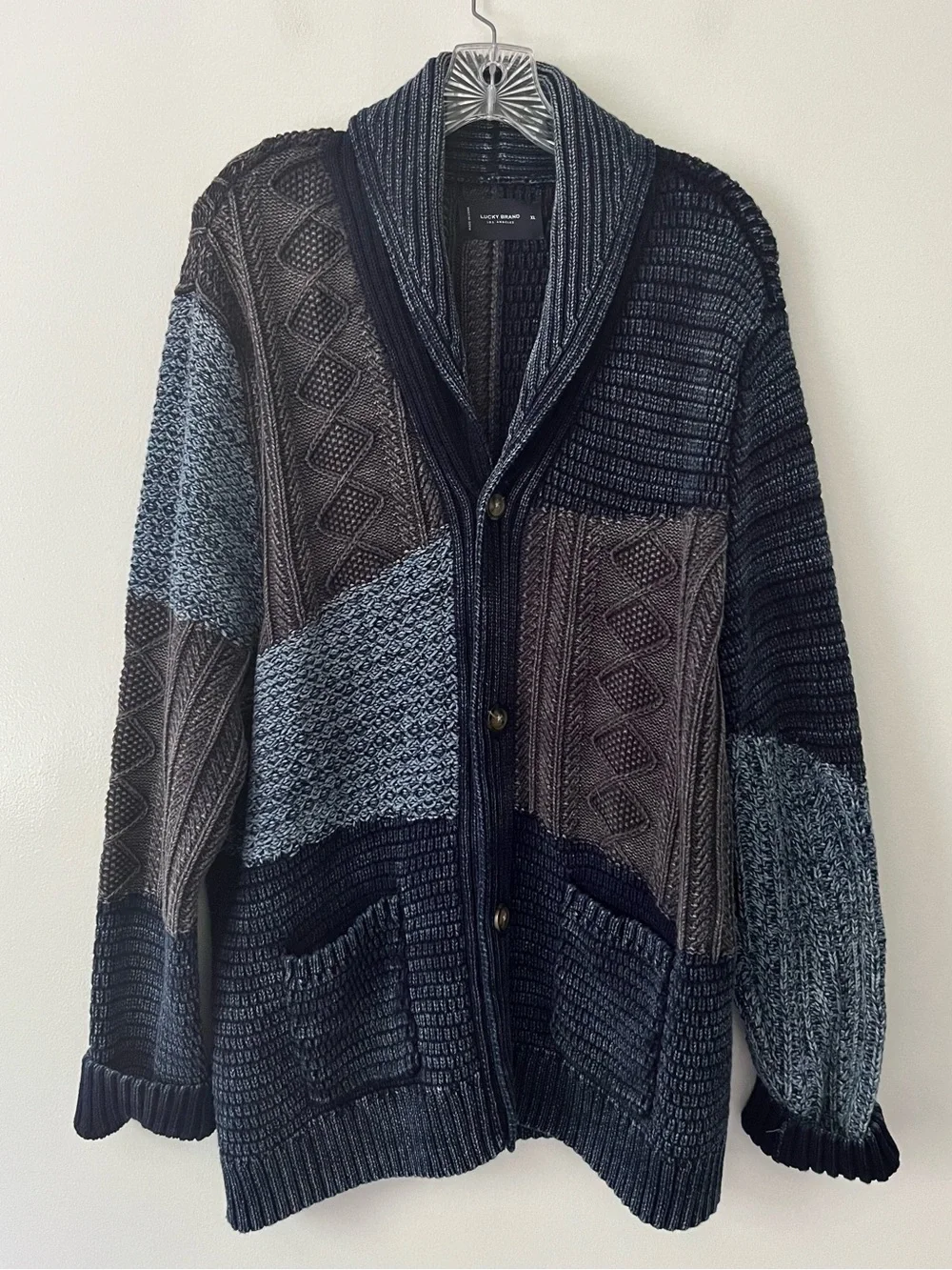 Lucky Brand Patchwork Cable Knit Chunky Shawl Cardigan Sweater Fisherman Blue XL